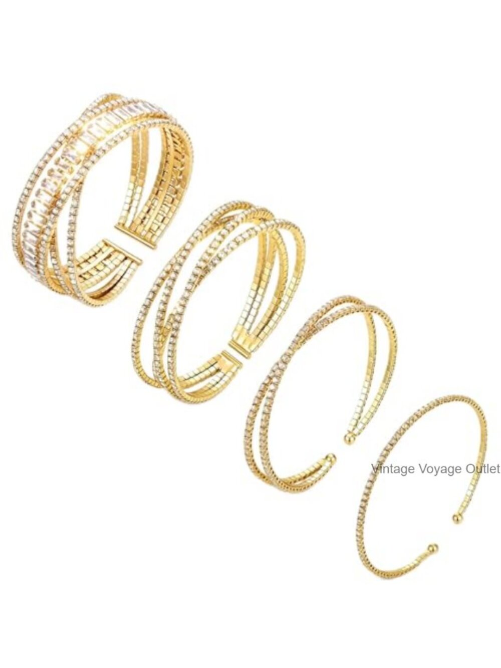 4PC Gold Plated Rhinestone Cuff Bracelet Set Adjustable Stackable Women